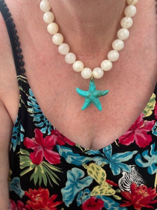 COLLIER PERLES RONDES ACRYLIQUE BUBBLE ETOILE DE MER TURQUOISE