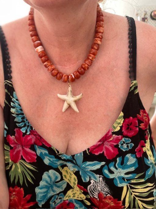COLLIER PERLES RONDELLES TERRACOTA - ETOILE DE MER BEIGE MARBRE